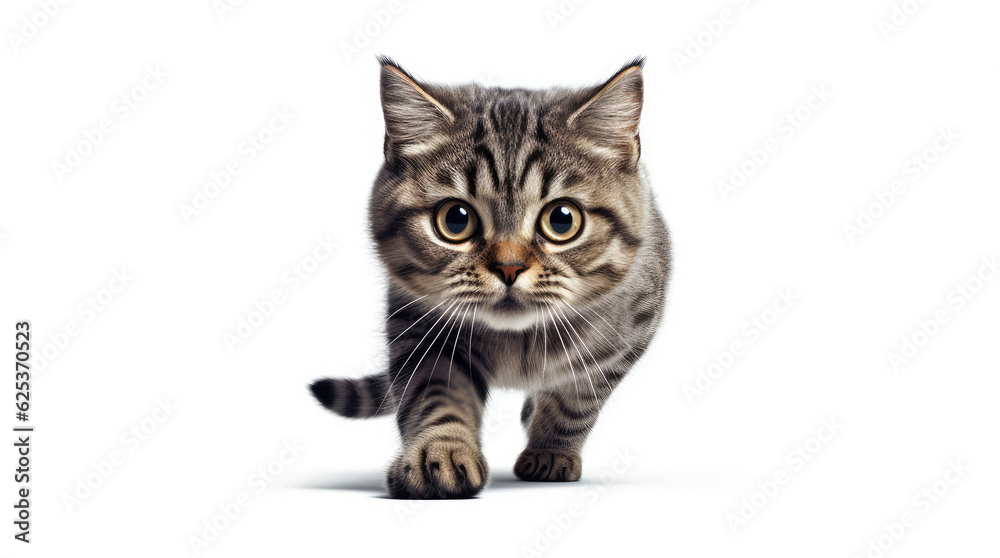 Funny large longhair gray tabby cute kitten with beautiful blue eyes. Pets and lifestyle concept. Lovely fluffy cat on white background.