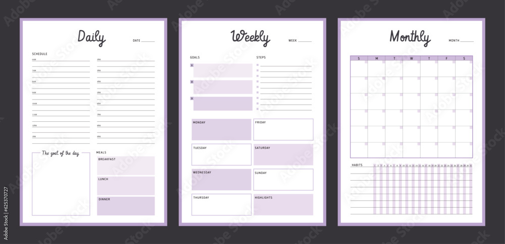 (Purple)3 set of Monthly, daily, weekly planner. Vector illustration. (Purple)3 set of Monthly, daily, weekly planner. Vector illustration.