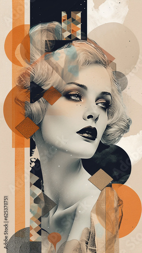 Gorgeous 1920s female look, modernist style collage of graphic elements and elegant black and white portrait of charming actress with noble allure, digital art, retro 20s cinema. Vintage woman makeup