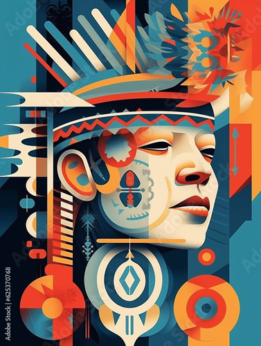modernist style collage  conceptual illustration on international day of Indigenous Peoples  pre-Culombian mesoamerican civilization. visual colorful elements. maya face in vertical illustration