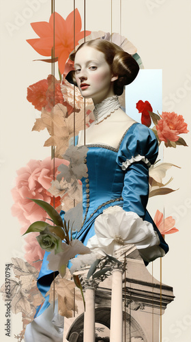 Digital collage inspired by Baroque and Rococo styles, 1700s lady in blue dress, photo montage. Paper cut Illustration concept on historical fashion, layered art with floral and architectural cutouts photo