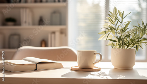 Modern living room interior, reading a book and drinking a coffee, plant, 3d illustration, created with ai generative technology