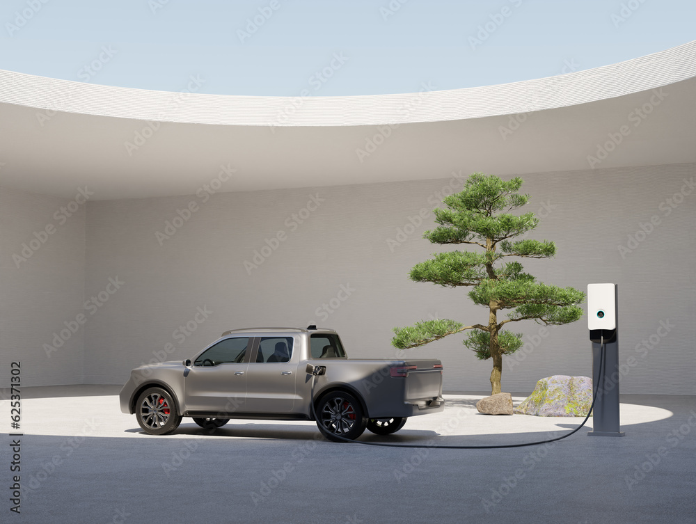 Silver Electric Pickup Truck connected to charging station with Japanese Zen garden style courtyard background. Generic design. 3D rendering illustration.