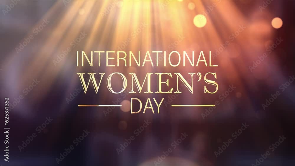 International Womens Day golden text title with top orange optical flares light and particles bokeh effect.cinematic title trailer background 