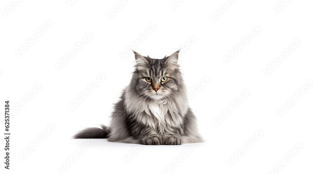 Fototapeta premium Funny large longhair gray tabby cute kitten with beautiful blue eyes. Pets and lifestyle concept. Lovely fluffy cat on white background.