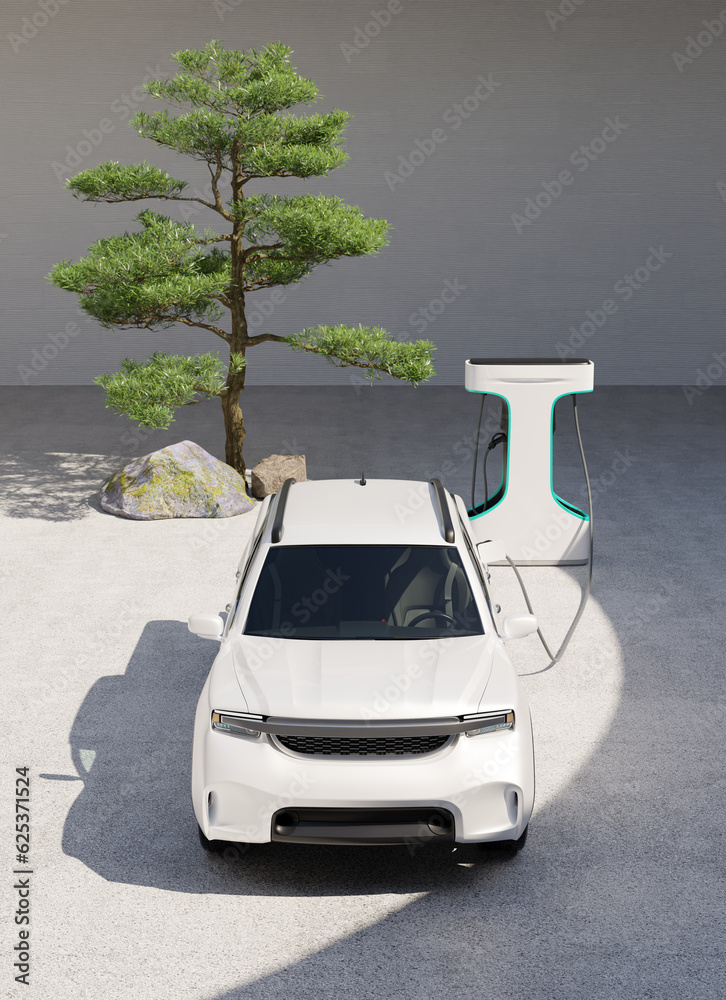 Front view of a White Electric Pickup Truck connected to charging station with Japanese Zen garden style courtyard background. Generic design. 3D rendering illustration.