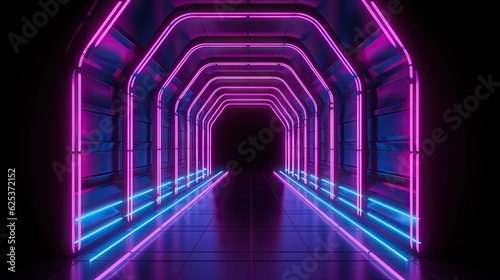 Futuristic colorful cyberpunk glowing light through the tunnel background. Generative AI