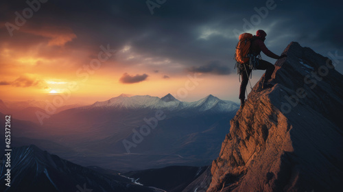 Man hiking at sunset mountains with backpack Travel Lifestyle wanderlust adventure concept summer vacations outdoors alone into the wild © Sasint