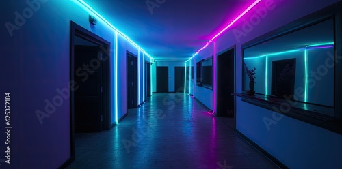 Futuristic colorful cyberpunk glowing light through the tunnel background. Generative AI