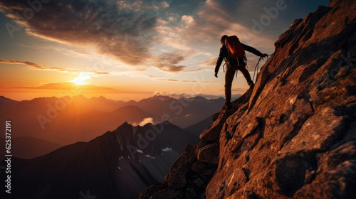 Man hiking at sunset mountains with backpack Travel Lifestyle wanderlust adventure concept summer vacations outdoors alone into the wild © Sasint