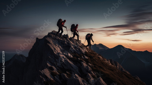 Mount with clouds and silhouette of three hikers © Sasint