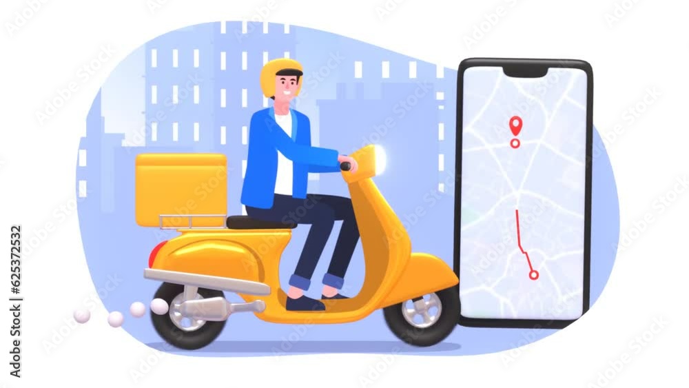 2d animation of a cheerful delivery courier riding yellow scooter with GPS tracker on phone, express delivery concept 2d animation of a cheerful delivery courier riding yellow scooter with GPS tracker on phone, express delivery concept