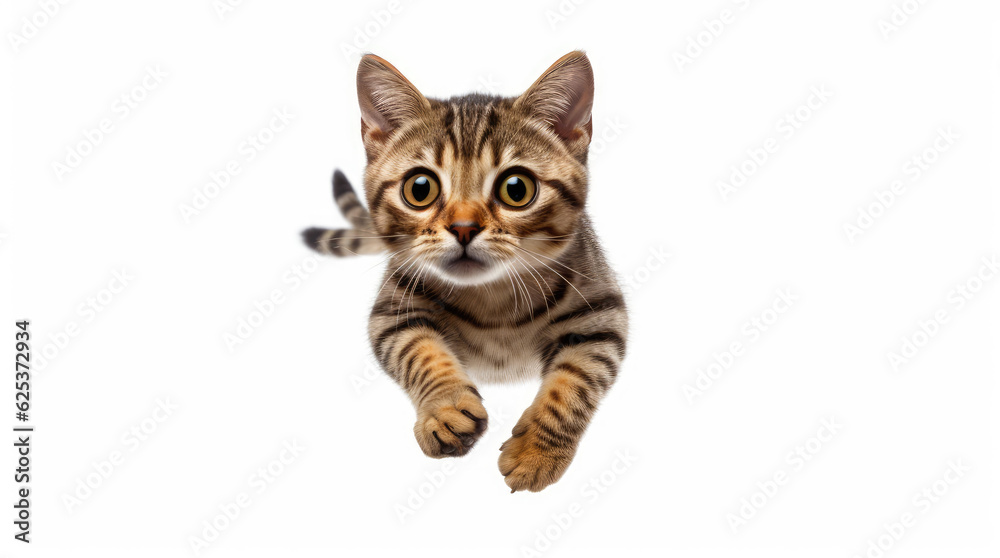 Obraz premium Funny large longhair gray tabby cute kitten with beautiful blue eyes. Pets and lifestyle concept. Lovely fluffy cat on white background.