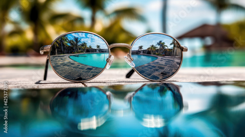 Sunglasses and palms in reflection near the pool on a hot summer day. Summer holidays, travel, people and vacation concept. © darkhairedblond