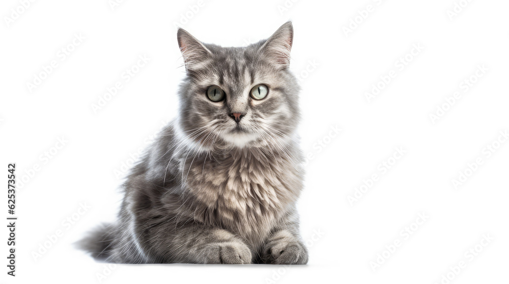Fototapeta premium Funny large longhair gray tabby cute kitten with beautiful blue eyes. Pets and lifestyle concept. Lovely fluffy cat on white background.
