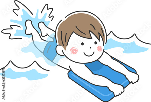 ビート板で練習する、男の子のイラスト