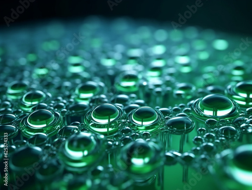 Pattern of bubbles under a microscope in a green viscous liquid. wallpaper with drops of water. 3d rendering