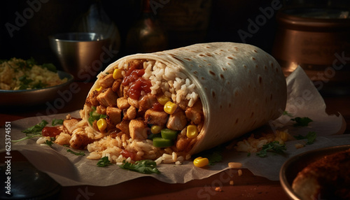 Rustic Mexican meal: grilled beef burrito with fresh guacamole and salsa generated by AI