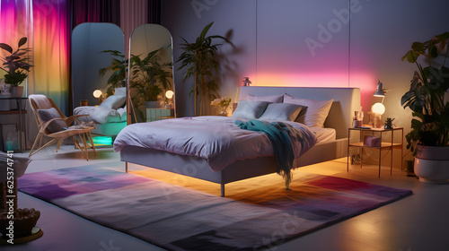 A modern aesthetic bedroom with subtle RGB lighting