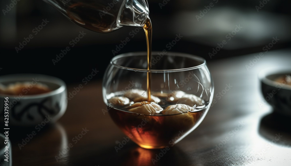Liquid refreshment pouring into whiskey glass on dark wooden table generated by AI Liquid refreshment pouring into whiskey glass on dark wooden table generated by AI