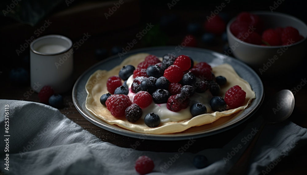 Healthy gourmet meal: homemade pancakes with berry sauce and yogurt generated by AI Healthy gourmet meal: homemade pancakes with berry sauce and yogurt generated by AI