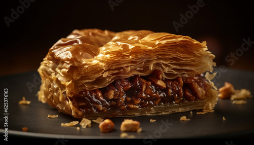 Freshly baked homemade pastry dough with caramelized honey and chocolate generated by AI