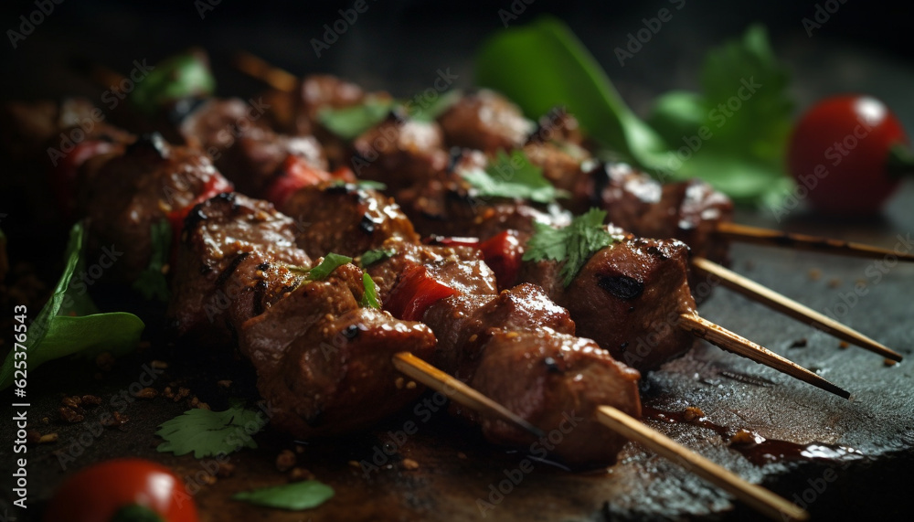 Grilled skewered meat with tomato, onion, and vegetable appetizer generated by AI