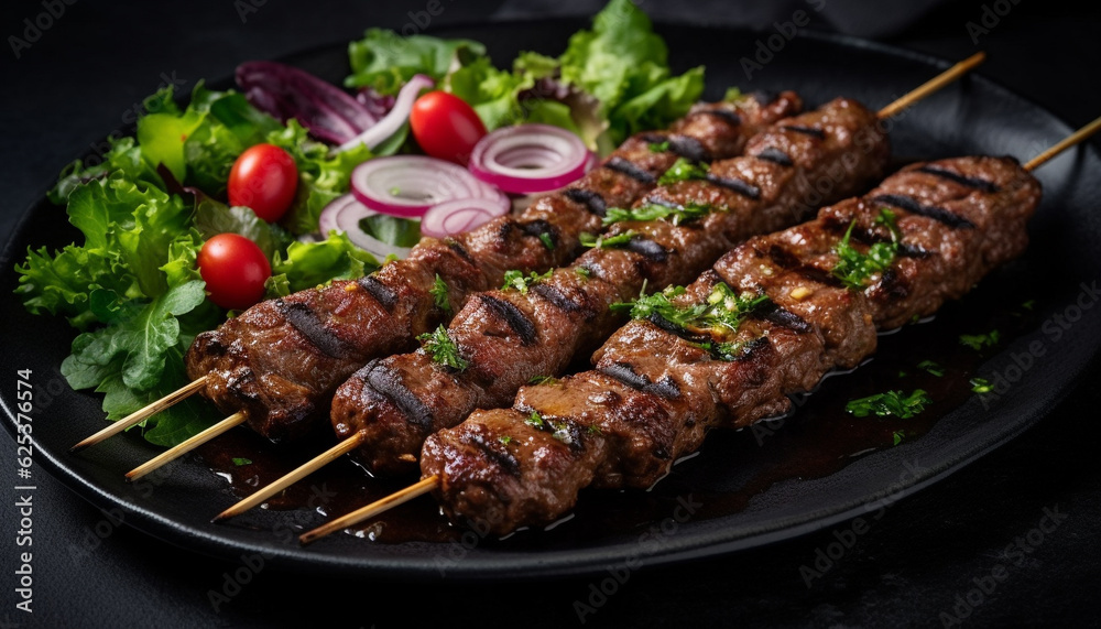 Grilled meat skewers on a plate, a gourmet barbecue meal generated by AI