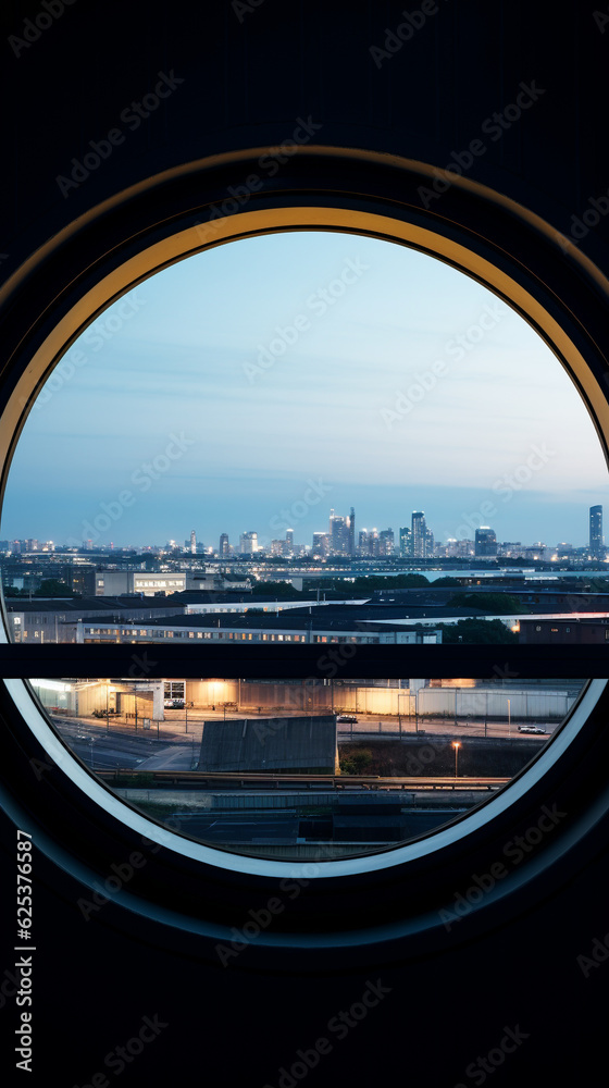 Overlooking a bustling manufacturing plant through a circular window