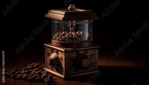 Freshly ground coffee bean in old fashioned grinder on rustic table generated by AI