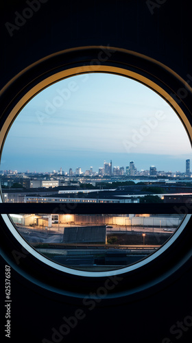 Overlooking a bustling manufacturing plant through a circular window
