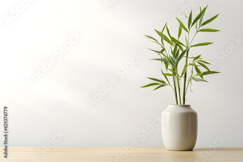 This high-fashion and editorial-inspired product photography showcases a bamboo plant in a vase against a light and airy background  exuding an aura of effortless elegance  perfect for capturing the e