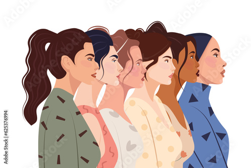 Female diverse faces, different ethnicity and hairstyle.  Different ethnicity women: African, Asian, Chinese, European, Latin American, Arab. Vector datar illustration, banner or poster. Woman empower