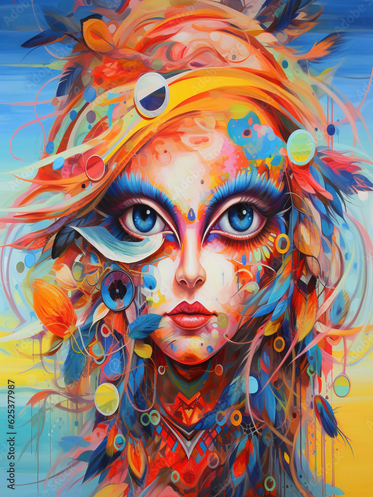 Abstract Art. Painting of a woman with colorful makeup and feathers. Detailed facial structure, vibrant colours, comprehensive artwork