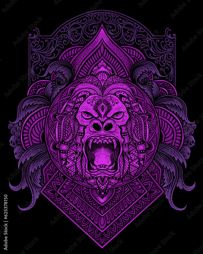 Fototapeta premium gorilla head tribal style with antique engraving ornament