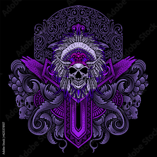 Indian apache skull head with vintage engraving ornament