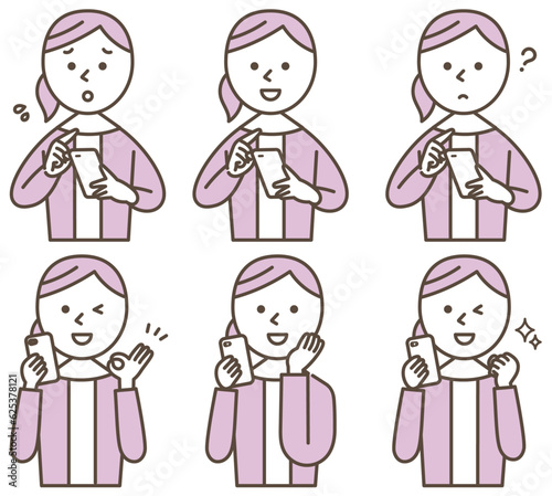 スマホを使う女性のイラストセット