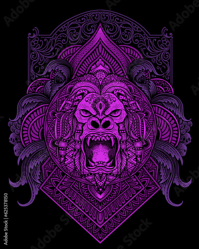 gorilla head tribal style with antique engraving ornament
