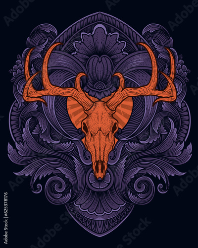 Deer skull with antique engraving ornament background