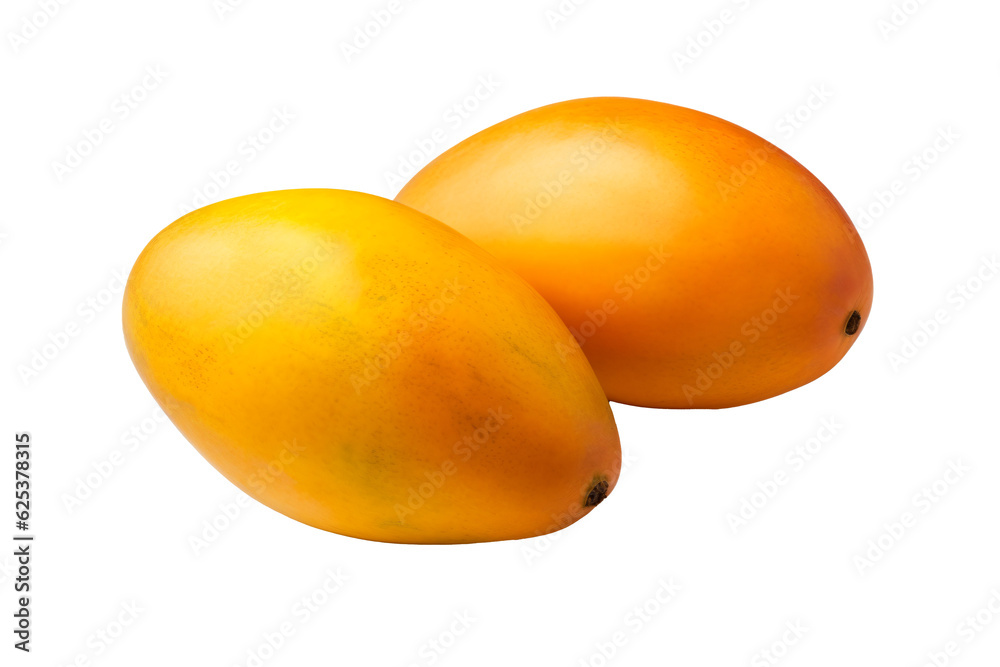 two mangoes are sitting side by side on a table
