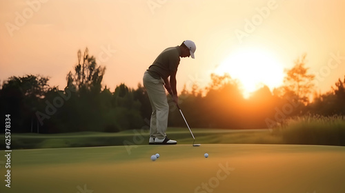 a golfer is practicing putting on the green under sunset. 