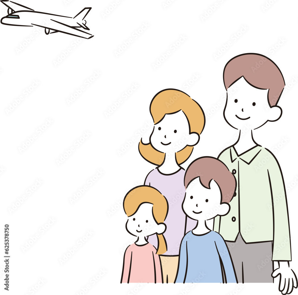 飛行機を見る家族のイラスト素材