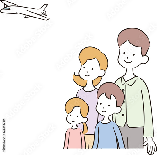 飛行機を見る家族のイラスト素材