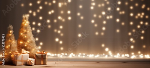 Warm Christmas setup with empty wooden table. Concept of celebration. Banner.