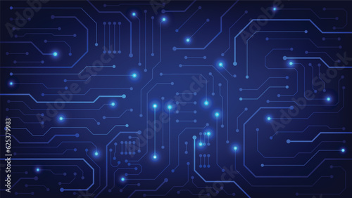 Hi tech digital circuit board. AI pad and electrical lines connected on blue lighting background. futuristic technology design element concept