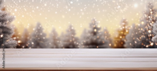 Beautiful winter scene with softly blurred Christmas lights. Concept of seasonal holiday mock-up.