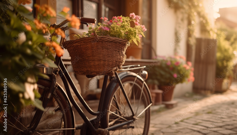 Old fashioned bicycle with flower basket, cycling through nature beauty generated by AI