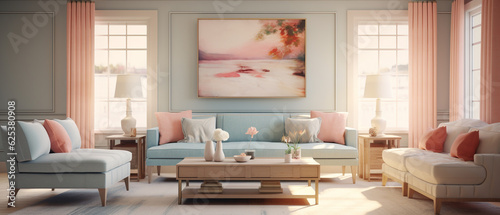 Living room with furniture and a painting, orange pastel colors, pink, smooth and teal colors. modern track arm sofa with cushions and armchairs. Curtains on large window. Horizontal picture