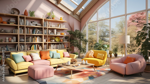 3d rendering of living room, soft pastel colors, yellow and pink furniture, sofa and armchair, interior design, eccentric elegance, natural lighting, large panoramic window to bright garden. bookcase photo
