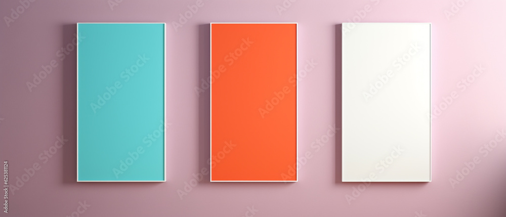 Three blank vertical light pastel panels, mockup of empty colored posters. Ai 3d artwork template in light purple wall, minimalist stylish illustration with copy space for pictures or ads text